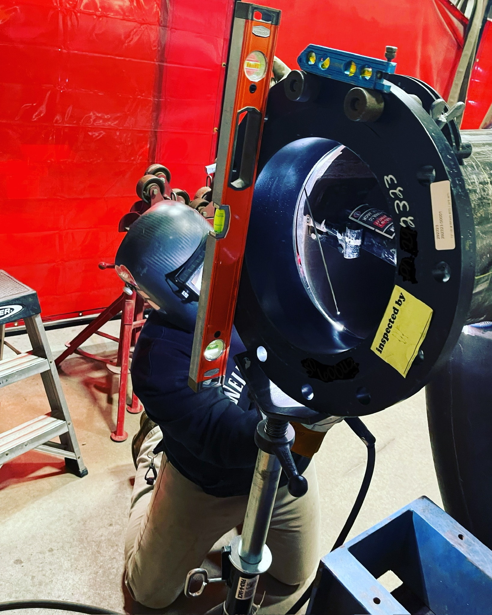 Industrial vessel fit-up and leveling work in the fabrication shop