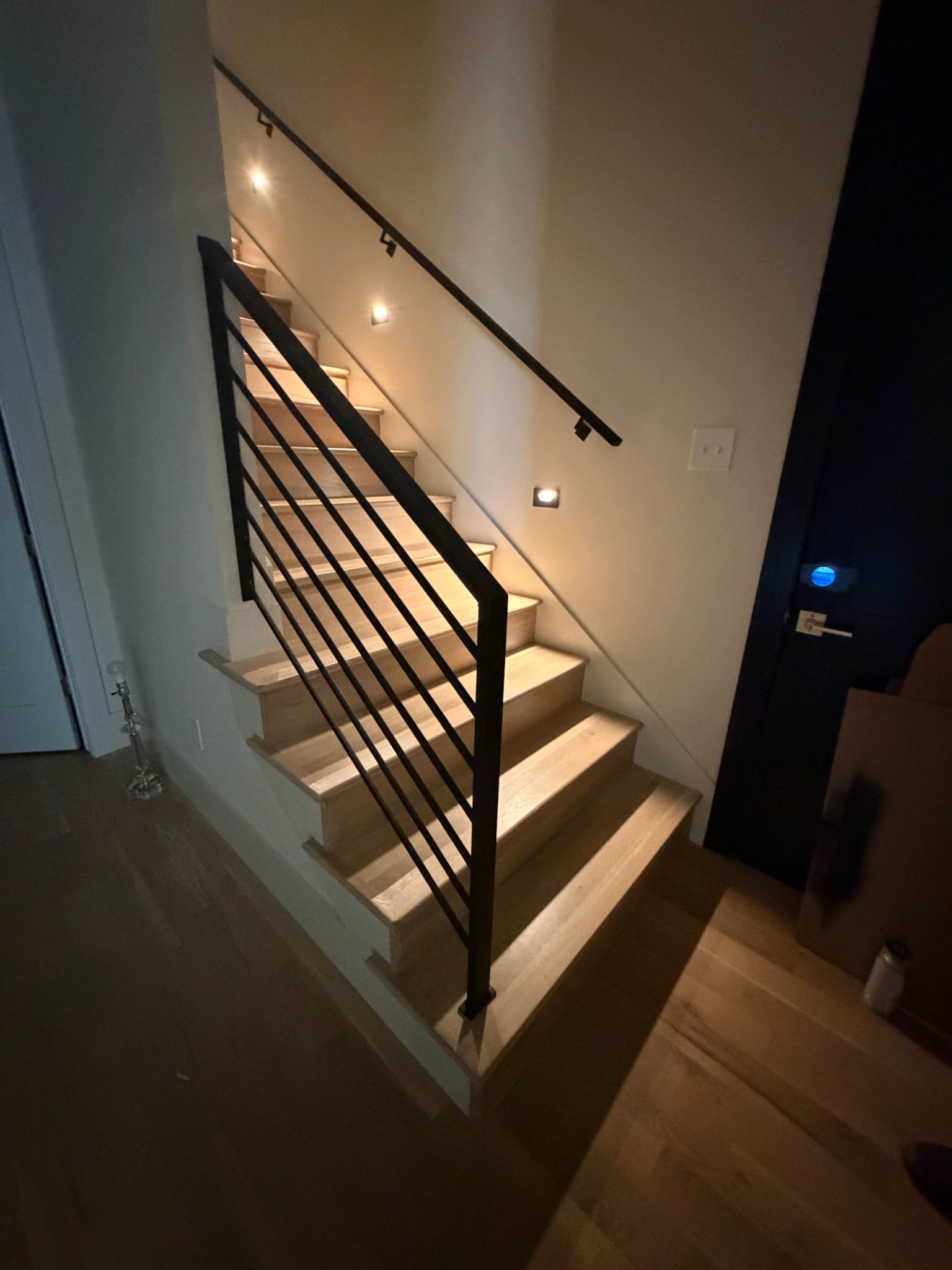 Modern black steel stair railing with warm wood treads