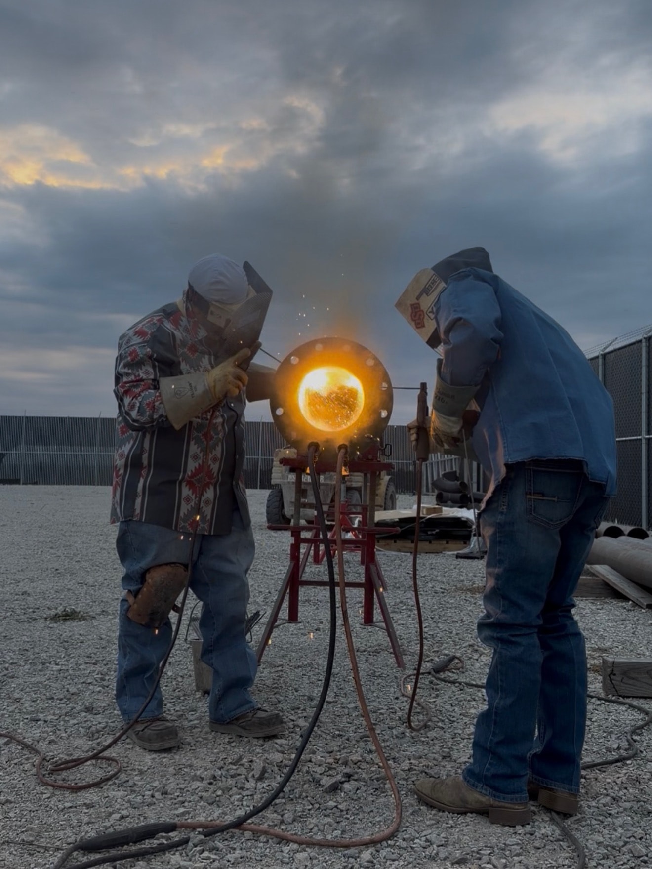 Two welders performing hot metalwork outdoors at dusk