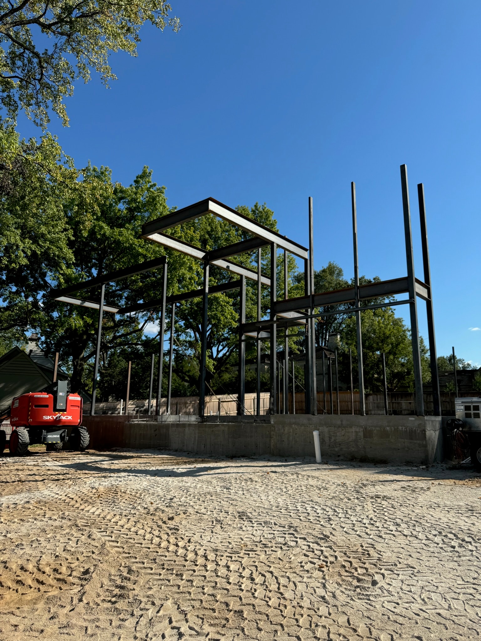 Structural steel frame installed at a residential construction site